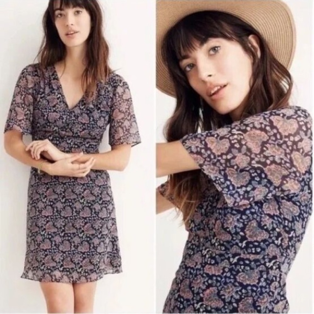 Madewell Orchard Pink Purple A-Line Flutter Sleeve Mini Dress